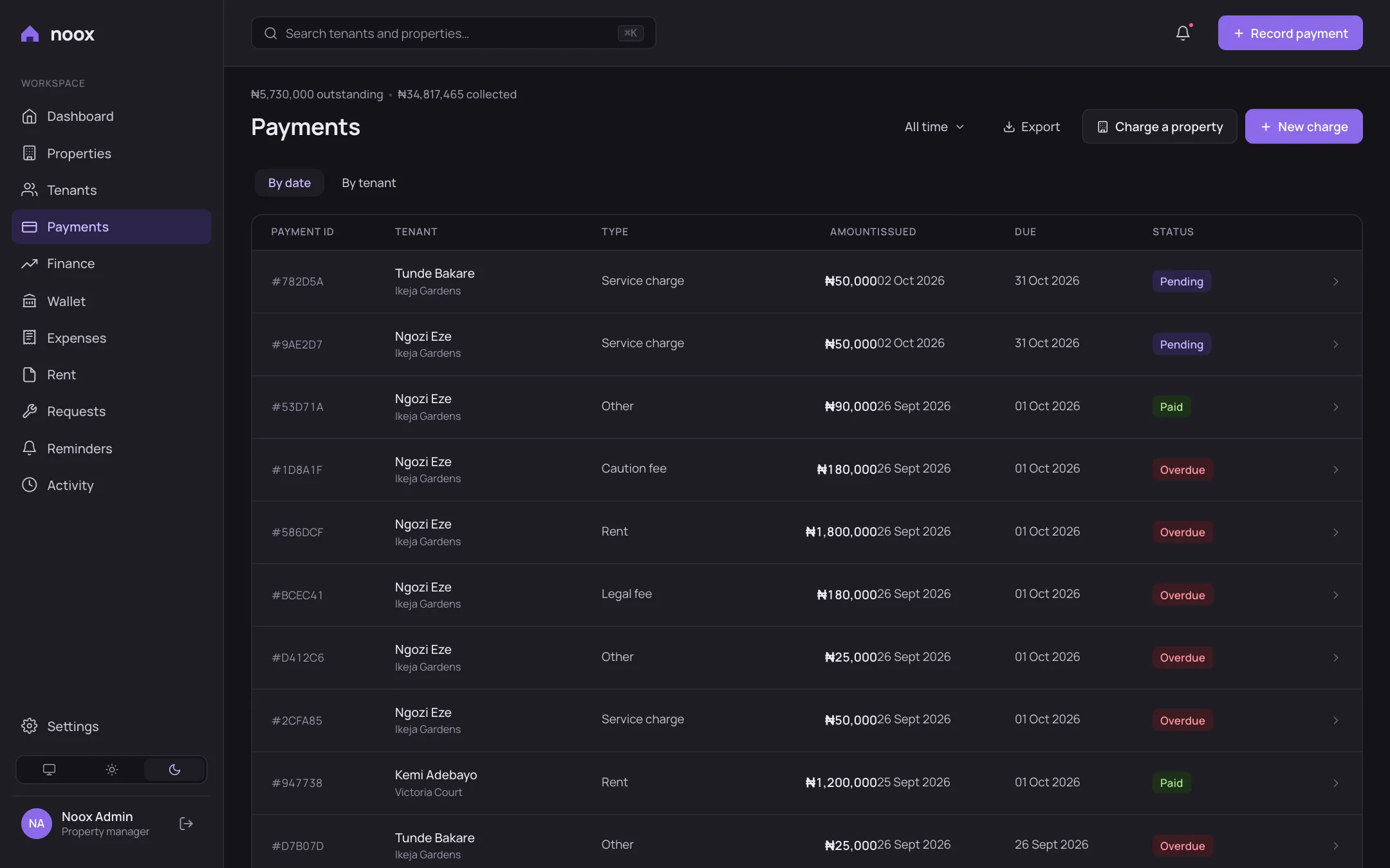 Payments list in Noox