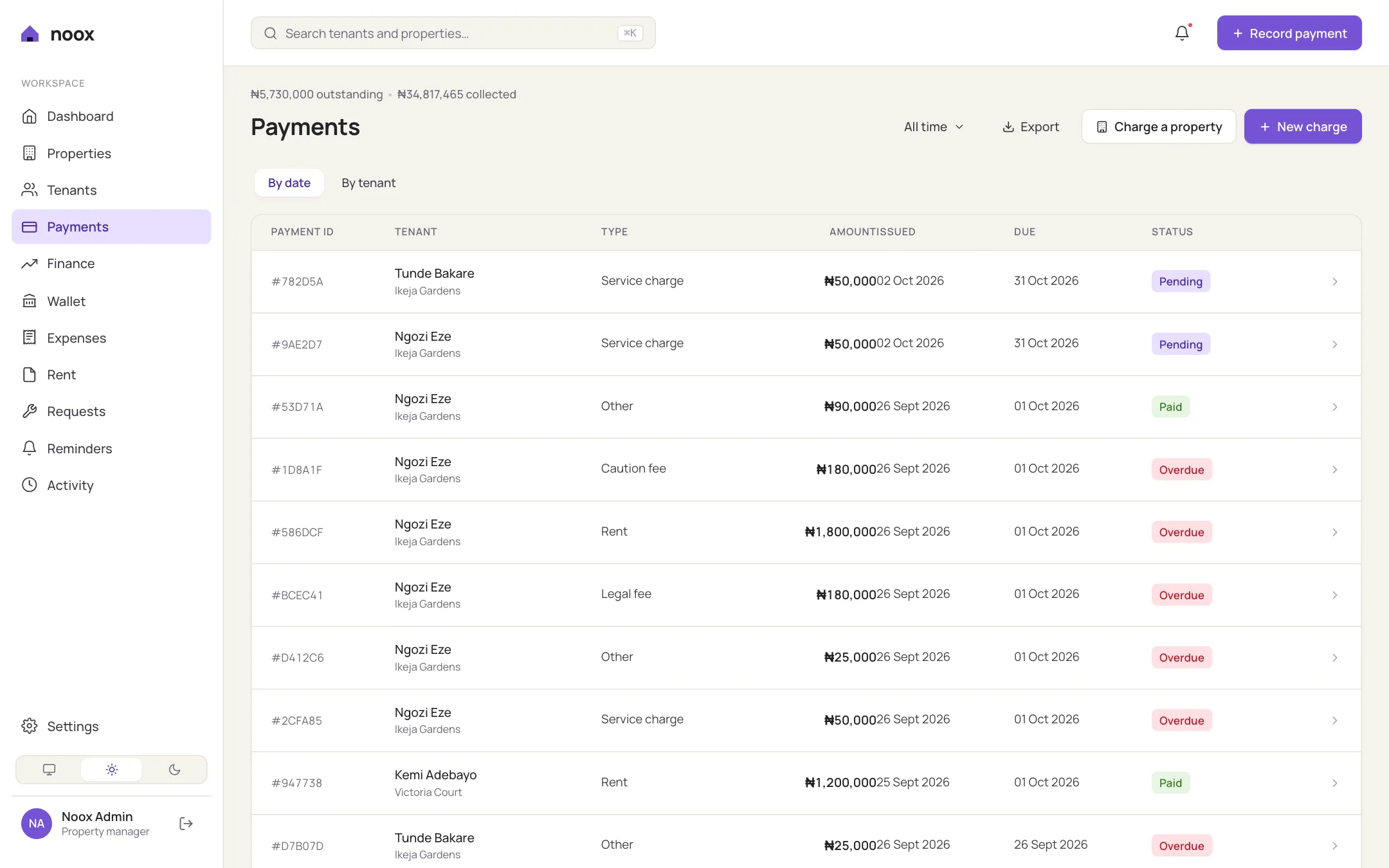 Payments list in Noox