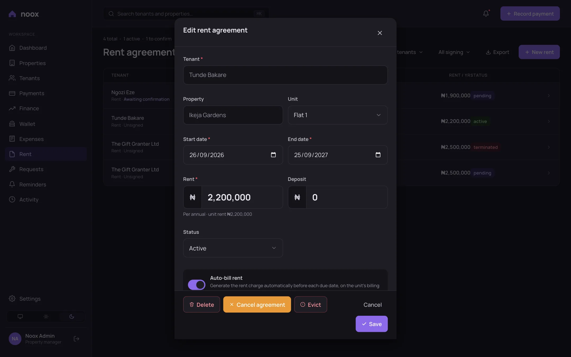 Rent agreement form with charges and first-year total