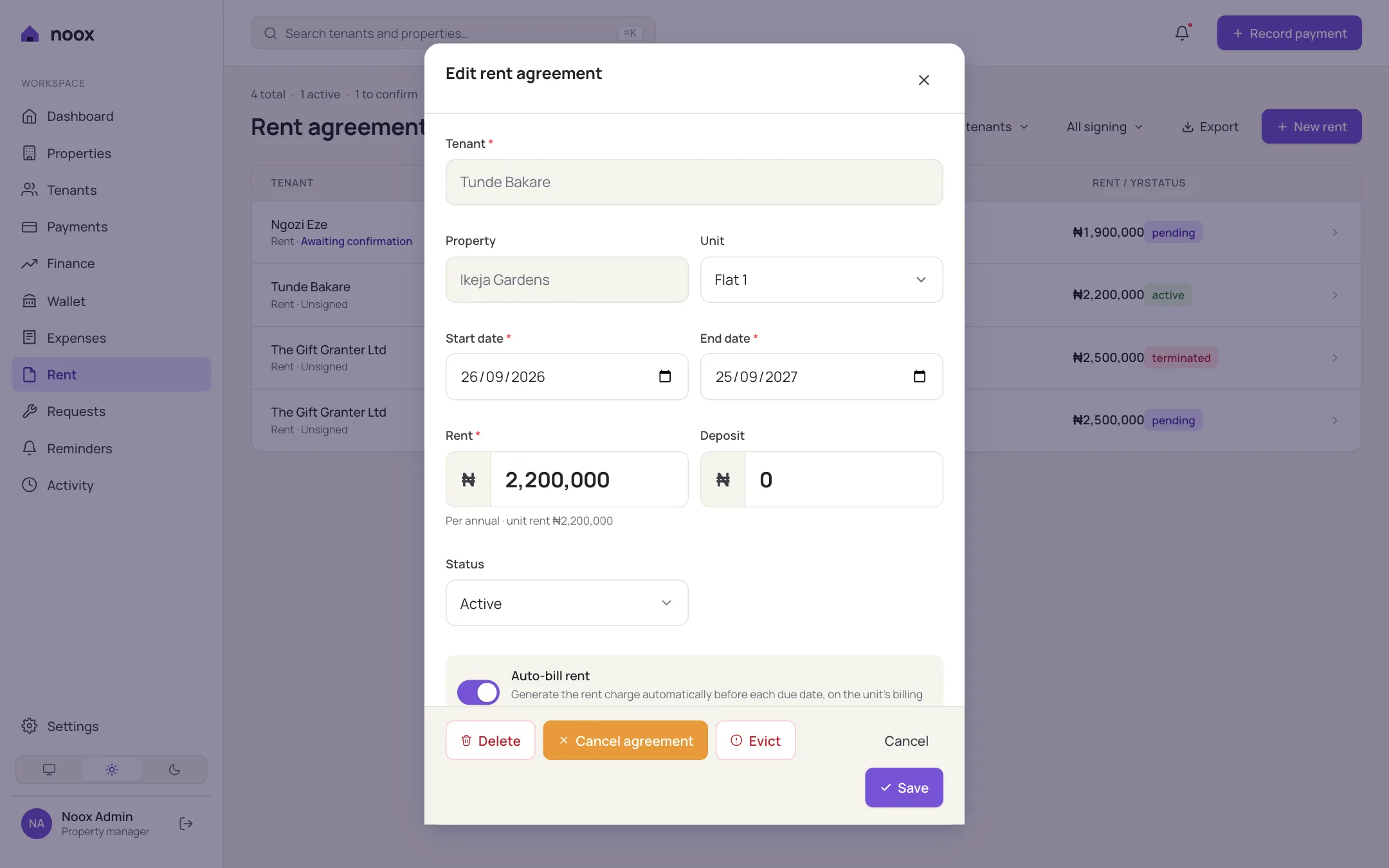 Rent agreement form with charges and first-year total