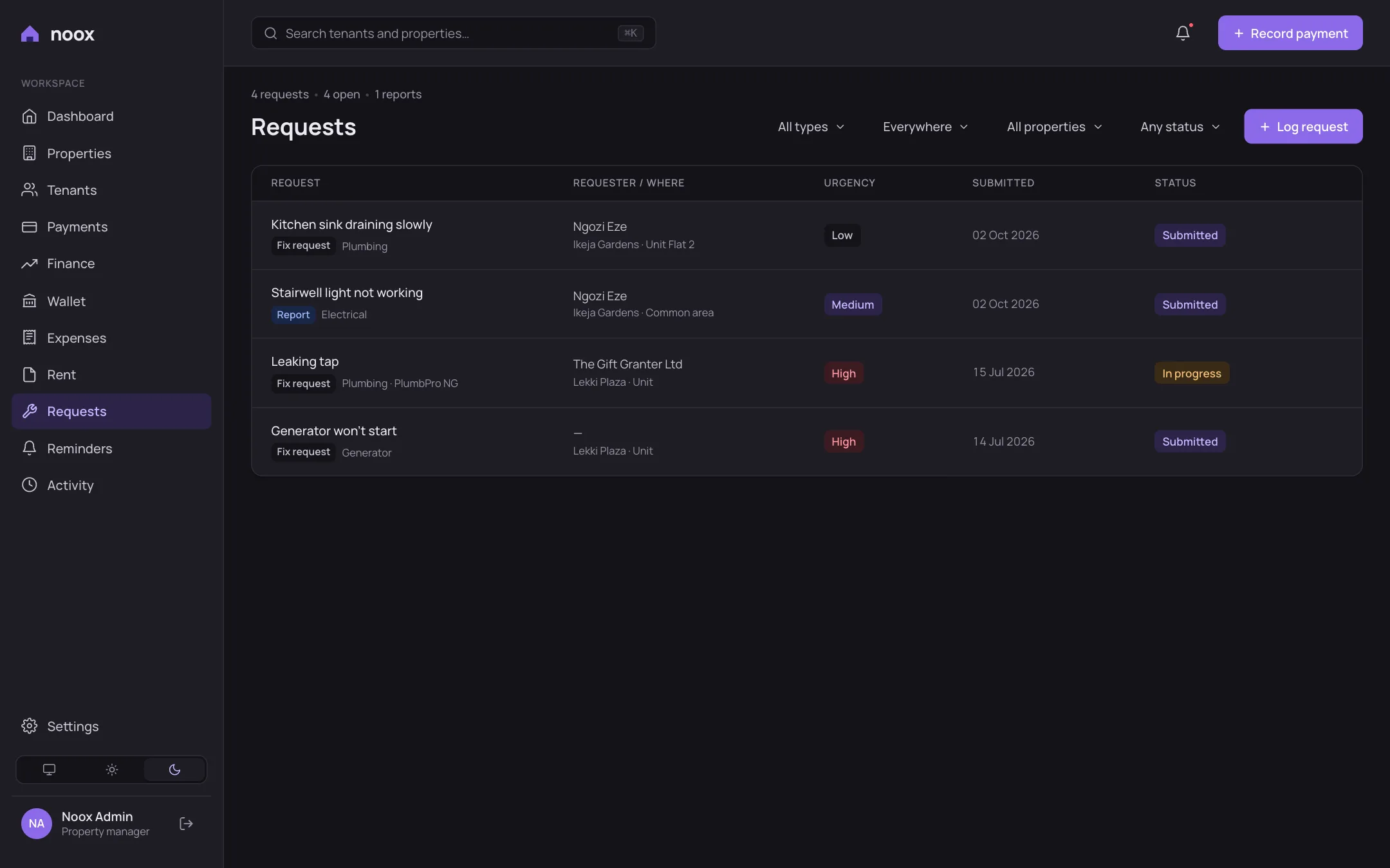 Requests list with kind, location and requester