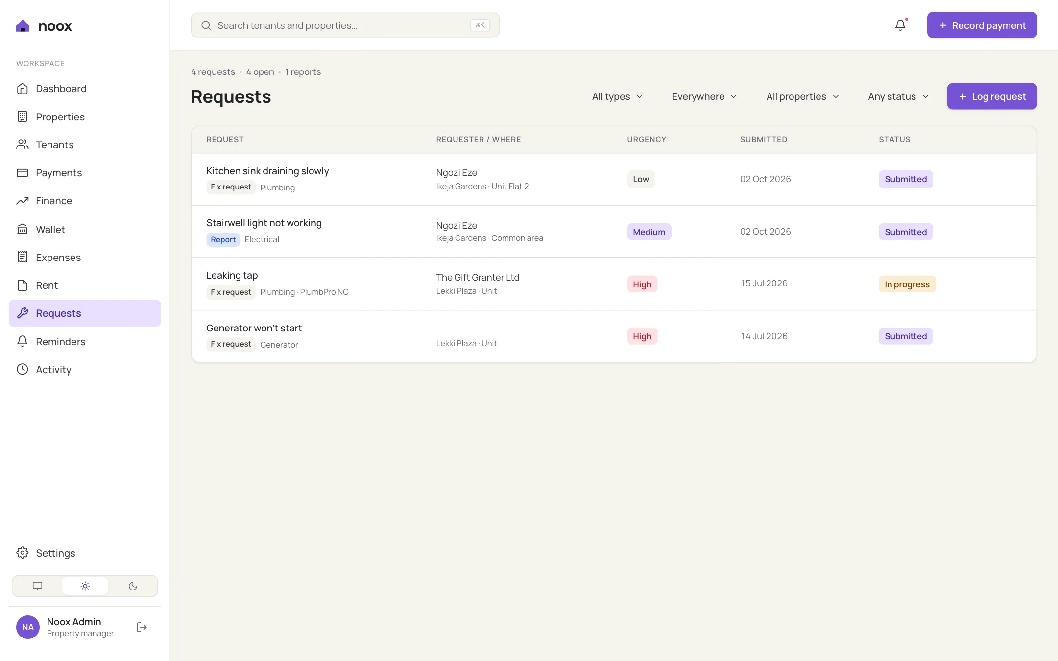 Requests list with kind, location and requester
