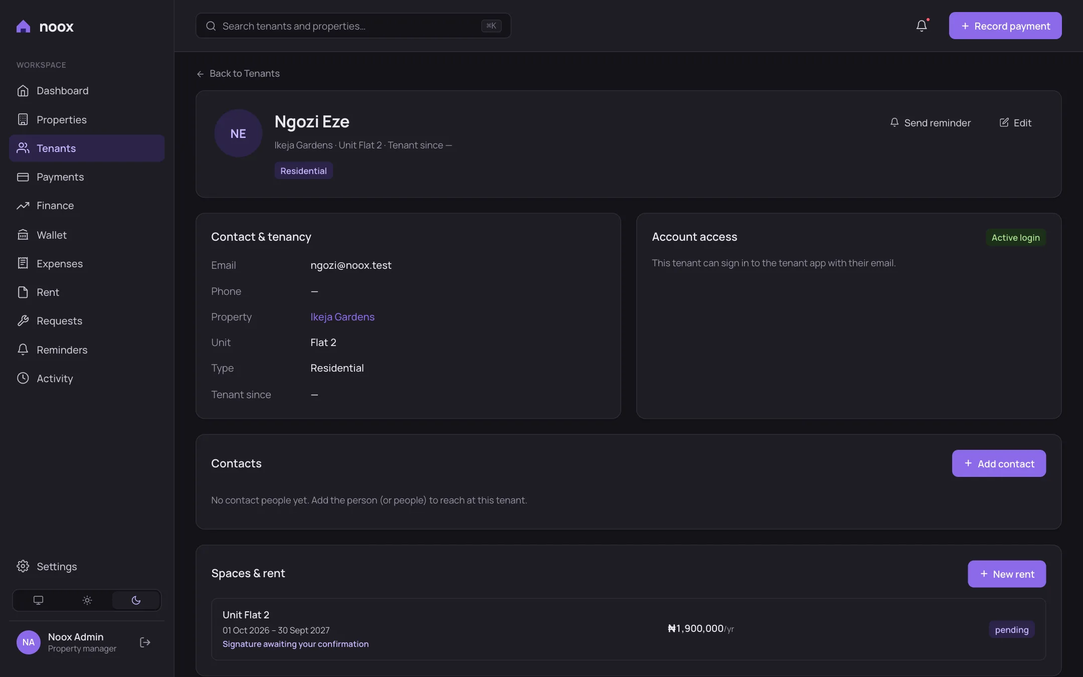 Tenant profile in Noox