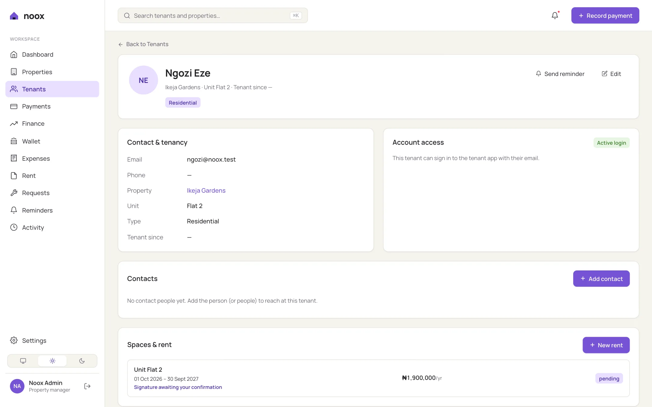 Tenant profile in Noox